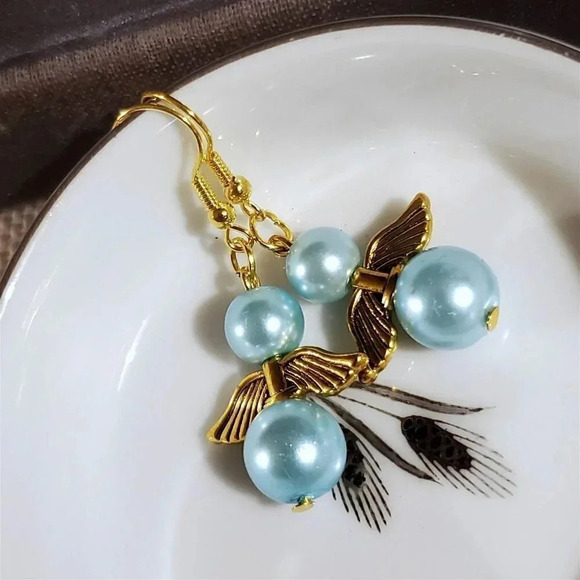 Sustainable Christmas Holiday Angels Gold Plated Light Blue Glass Pearl Earrings - Picture 7 of 9